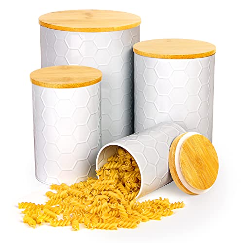 KITCHOP Kitchen Canisters Set of 4, White Metal Canisters Sets for the Kitchen, Sugar and Flour Canister Sets for Kitchen Counter, Farmhouse Canisters for Countertop, Airtight Lids
