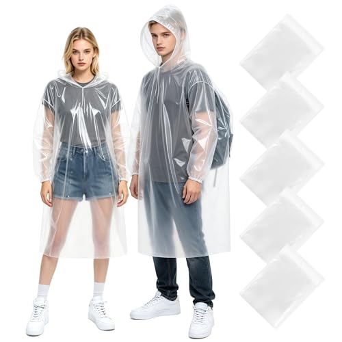 Chyaya 5 Pack Waterproof Poncho Adult Emergency Portable Raincoat Clear Rain Poncho with Sleeves & Hood Reusable Rain Poncho Waterproof for Hiking Cycling Camping Travelling Festival