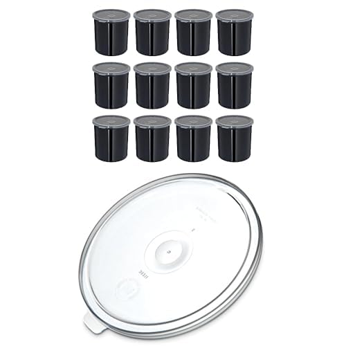 Bundle of Carlisle FoodService Products Classic Round Storage Container Crock with Lid, Plastic, 1.2 Quarts, Black, (Pack of 12) + Replacement Lids, Plastic, 1.2 Quarts, Clear, (Pack of 12)