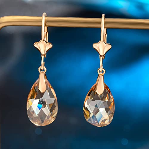 Austrian Crystal Teardrop Leverback Dangle Earrings For Women Fashion 14K Gold Plated Hypoallergenic Jewelry (Topaz) #TOP2