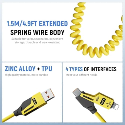 Image of 4 in1 Type C Cable with Spring, PD65W C Type Cable Fast Charging, 480Mbps Data Transfer USB to Type C Cable, Multi Adjustable Cable with Type C /USB A /Light-ning Port (MULTICOLOR)