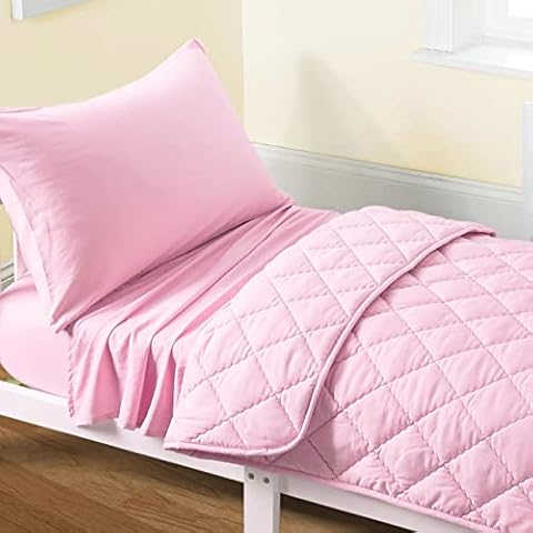 FLXXIE 4 Pieces Toddler Bedding Set, Soft and Breathable Microfiber Crib Sheet Set, Includes Quilted Comforter, Flat Top Sheet, Fitted Sheet, Envelope Pillow Case for Boys and Girls, Pink Cover