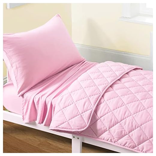 FLXXIE Toddler Bedding Set - 4 Piece Microfiber Crib Sheet Set, Crib Bedding Set Includes Quilted Comforter, Flat Top Sheet, Fitted Sheet, Envelope Pillow Case for Boys and Girls, Pink