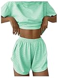 RoseSeek Women's 2 Piece Pajama Set Stripe Short Sleeve Crewneck Crop Lounge Shorts Set Soft Sleepwear Lime Green M