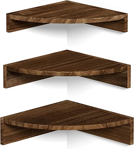 Mardili Lot de 3 étagères murales d'angle flottantes pour rangement mural et d'affichage, étagères murales rustiques en bois pour chambre à coucher, cuisine, salon, chambre d'enfant et bureau (marron
