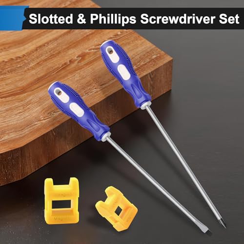 Image of smseace 2-Pack 8 Inch Slotted & Phillips Screwdriver Set, Long Phillips & Flat Head Magnetic Screwdriver with Rubber Handle include Magnetizer Demagnetizer