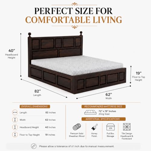 Image of SHISSO Solid Sheesham Wood Queen Size Bed with Storage Box | Wooden Queen Size Double Bed Cot Palang with Storage | Furniture for Bedroom,Home,Hotel | Armania Design | Walnut Finish