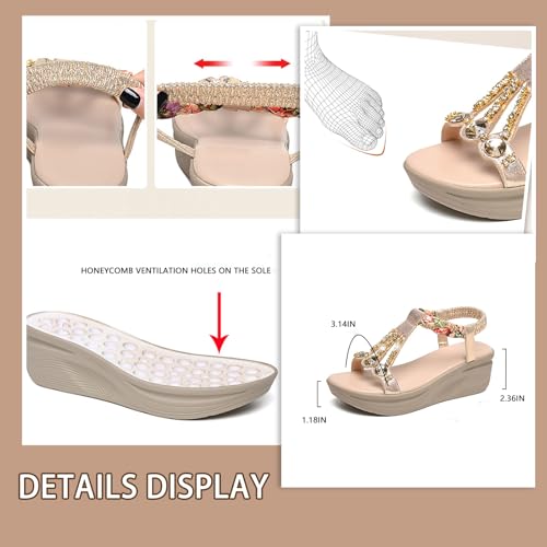 Women Rhinestone T Strap Wide Open Toe Platform Wedge Sandals With Elastic Ankle Strap Casual Summer Bling Sparkly Bohemia Comfortable Beach Walking Sandals3