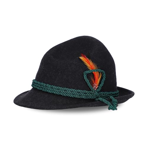 Steigenhfer German Alpine Hat - Hans - 100% Wool Hats for Men - Adjustable - Oktoberfest Bavarian hat with Real Bird Feather - Black - 7 1/8