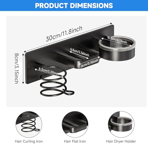 HOHOWU Hair Dryer Holder Wall Mounted,Blow Dryer, Curling Iron, Straightener Holder 3 in 1 Bathroom Metal Hair Tool Organizer Rack-BLACK-1 by HOHOWU - Image 2