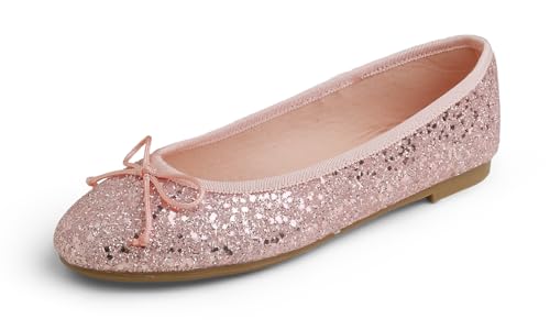 Feversole Round Glitter Ballerina, Damen Klassische Ballerinas Profilsohle Glänzende Ballerina Flach Glänzende Hellrosa 40