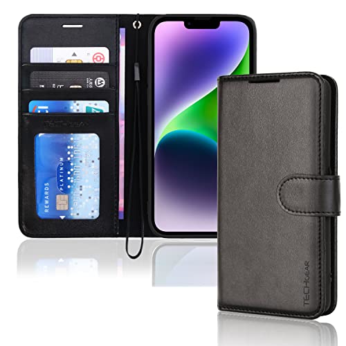 TECHGEAR Etui iPhone iPhone 14 Portefeuille - Housse en Cuir avec Rabat de Protection, Fentes pour Cartes, Béquille et Dragonne, Cuir PU Noir Compatible avec...