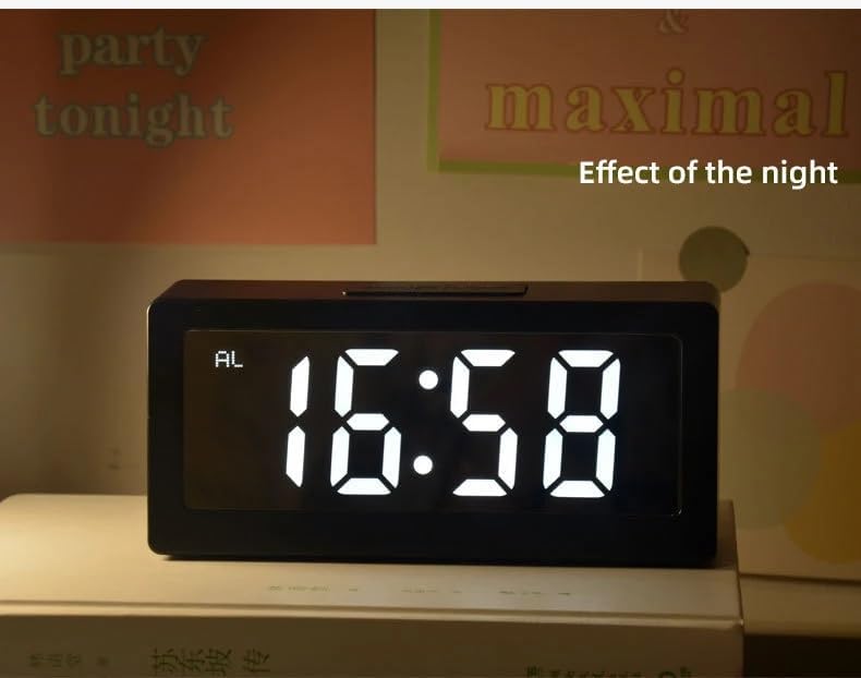 Image of the DS-3633L LED Mirror Clock displaying the time 16:58 with an 'AL' indicator, signifying that the alarm function is active.