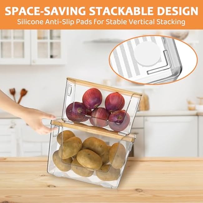 2 Set Pantry Organizer Storage, Stackable Kitchen Storage Bins with Lid & Handle, Clear Plastic Containers for Potato, Onion, Garlic, Fruit, Vegetable, Produce