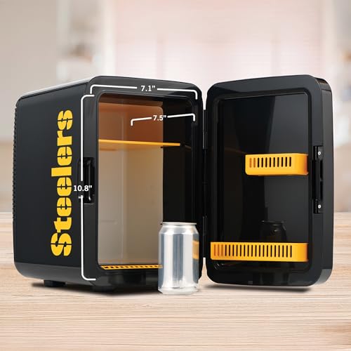 Image of Ukonic NFL Pittsburgh Steelers 15-Can Mini Fridge 10L - AC /DC Powered, Official Team Colors & Logo, Portable Cooler for Tailgates, Home, Office, or Car