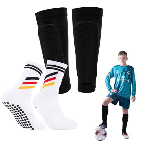 SummitEdge 1 par de espinilleras para niños con 1 par de calcetines de fútbol para niños de 5 a 12 años, resistentes a los golpes, transpirables, antideslizantes, para protección de pantorrilla
