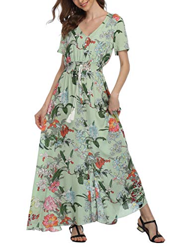 Image of VintageClothing Women's Floral Maxi Dresses Boho Button Up Split Summer Casual Long Dress Beach Party Dress