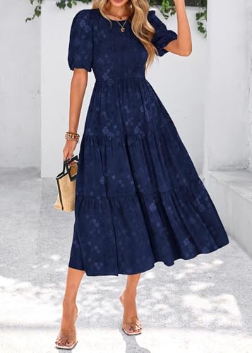 KIRUNDO Womens Summer Dresses Wedding Guest Floral Midi Sundress Short Puff Sleeve Flowy A Line Smocked Tiered Boho Dress4