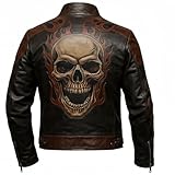 HideMakers Men’s Black Skull Flame Leather Jacket – Handmade Biker Coat – Punk Rock Motorcycle Cowhide Leather Coat (US, Alpha, X-Large, Regular, Regular, Black)