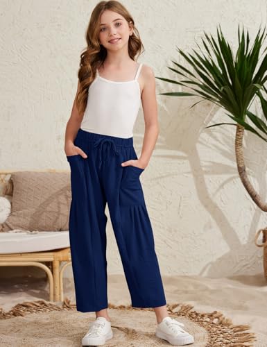 Image of COZYPOIN Girl's Wide Leg Pants Elastic Waist Loose Fit Flowy Casual Beach Palazzo Harem Trousers with Pockets 5-14 Y