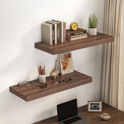 Image of Dreamland 36 inch Floating Shelves for Wall, 12 inch Deep Thicker Walnut Floating Shelves, Wall-Mounted Shelves for Bedroom, Living Room, Kitchen, Bathroom - Set of 2