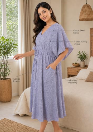 Image of Noty Women's- Kaftan | Maxi | Maternity | Feeding | Delivery Gown- Cotton Fabric- V Neck | Floral Print | 2 Pockets | Midi