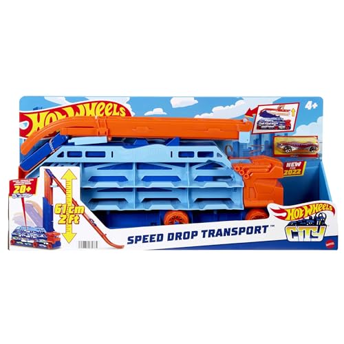 HOT WHEELS City Transporter - mit ausfahrbarer Abfahrtsrampe, Ladefläche für 20 Fahrzeuge und Spezialräder - Geschenk für Kinder ab 4 Jahren, HDY92