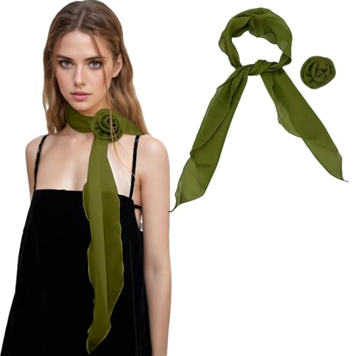 COtheSumay Women's Detachable Flower Scarf – Elegant Long Fashion Scarf, Versatile Hair Ribbon & Neck Kerchief (Olive Green