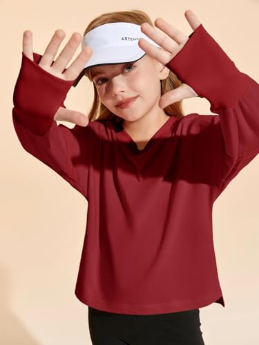 Image of Haloumoning Girls Oversized Long Sleeve T Shirts Kids Casual V Neck Cute Tops Basic Tees with Thumb Holes 5-14Y Burgundy