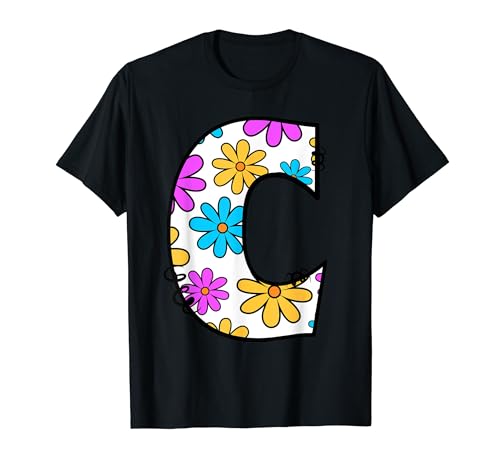 Letra C retro Groovy Daisy inicial con monograma con nombre floral Y2K Camiseta