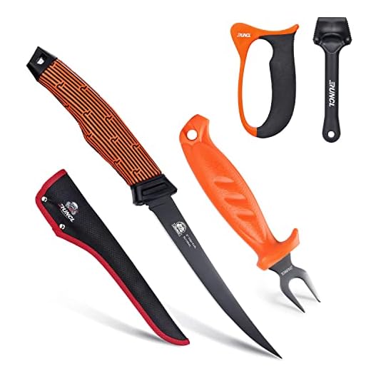 RUNCL Fishing Fillet Knife Combo Set, Fishing Tools Kit With 6" Fillet Knife, Fillet Fork, Knife Sharpener and Fish Scaler Remover, 4 Pieces fishing Kit Tool, Perfect for Fresh or Saltwater（6"）