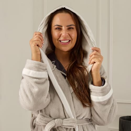 OHS Dressing Gown Unisex Piped, Super Soft Warm Flannel Fleece Hooded Bathrobe Full Length Comfortable Cosy Adults Dressing Gown for Sleepwear Loungewear, Grey/White - Image 2