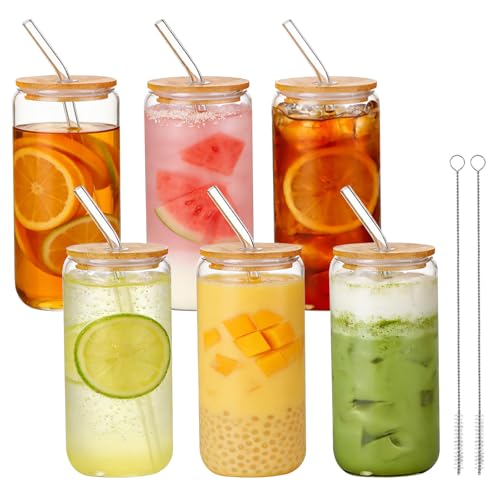 Zencantorous 6 Stück Glas mit Deckel und Strohhalm, 500ml Trinkgläser mit Deckel, Matcha Gläser, Trinkglas mit Strohhalm und Deckel, Eiskaffee Gläser, Dosenförmige Glasbecher, Cocktailgläser