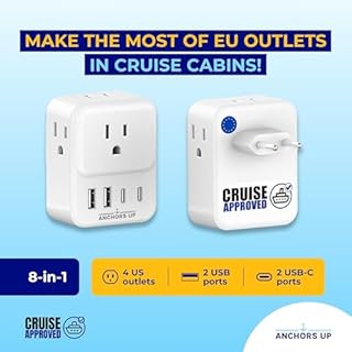 Cruise Approved EU Plug Travel Adapter for Cruise Ships – Non Surge 8-in-1 Multi Plug Extender with USB – Use The EU Outlet in Cruise Cabins – Cruise Essential for Royal Caribbean, Princess, MSC, NCL