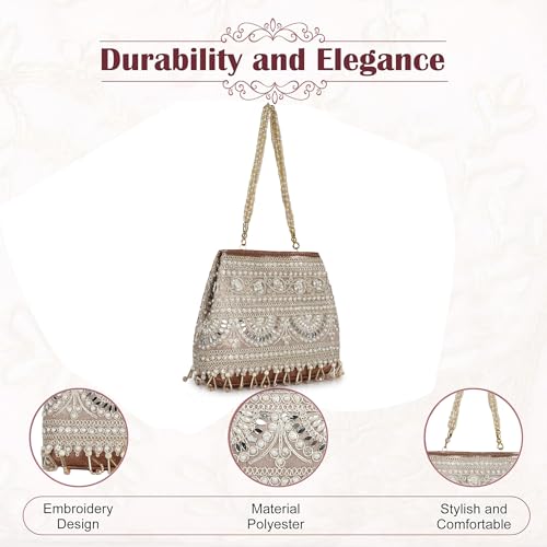 Image of Nevis Stylish Embroidery Unique Design Traditional Wedding Party Handheld Potli Bag For Women (ROSE GOLD)
