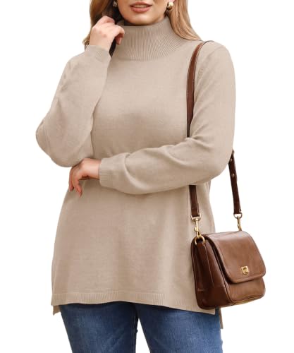 Image of CARCOS Plus Size Sweaters for Women Solid Turtleneck Sweater Long Sleeve Pullover Tops Casual Split Hem Knit Shirts
