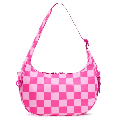 FODOKO Crescent Shoulder Bag for Women Checkered Purse Small Cute Clutch Hobo Handbags Nylon Quilted