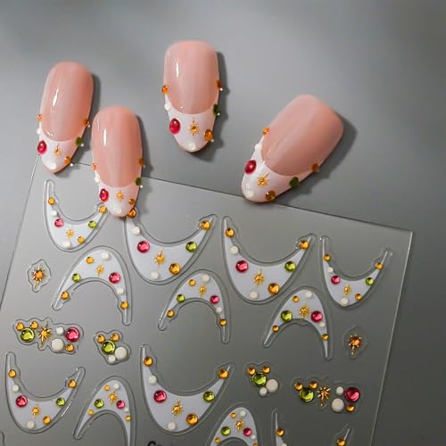 Image of White French Tip Nail Stickers Colorful Nail Decals with Star Design Rhinestone Nails Art Sticker 5d Self Adhesive Nails Stickers for Women Girls Supply Manicure Charms Nails Art Decals