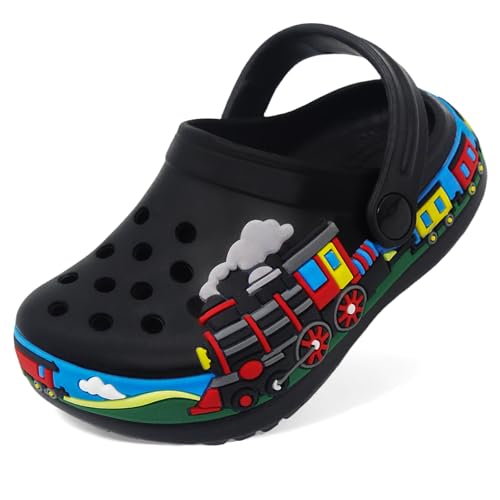Image of JeathFea Boys Girls Toddler Clogs Little Kids Slip on Slides Sandals Slippers Cute Cartoon Train Pattern Garden Clogs Summer Indoor Outdoor Beach Pool Water Shoes