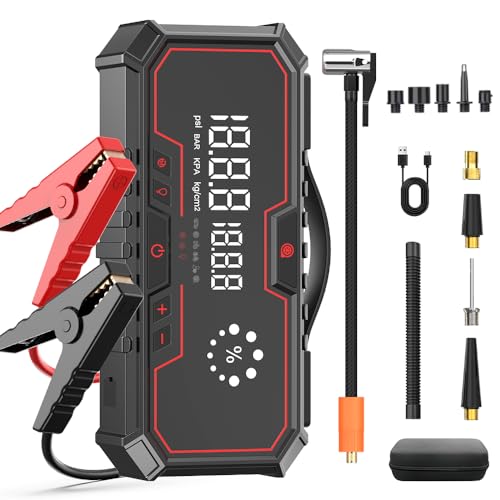 Jump Starter with air Compressor, 5000A Emergency Starter Jump Box (Gas 9L/Diesel 8L), Jumper Cable Jump Starter Portable with air Compressor 160PSI, car Roadside Emergency kit, SOS Light