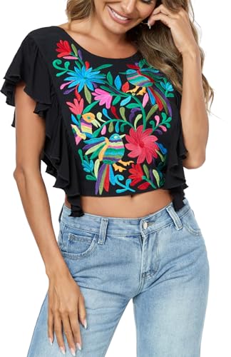 2025 Women's Embroidered Tops Boho Mexican Shirt Sexy Floral Ruffle Short Sleeve Backless Going Out Crop Tunics Top2