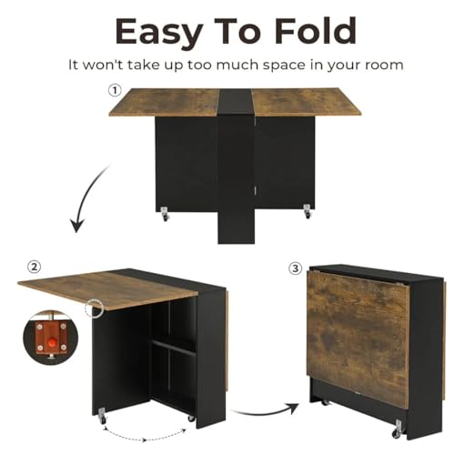 Image of TEKAVO Peyton Foldable Dining Table for Home 4 Seater | Space Saving, Movable with Wheels | 130cm x 80cm x 80cm | Brown & Black | DIY