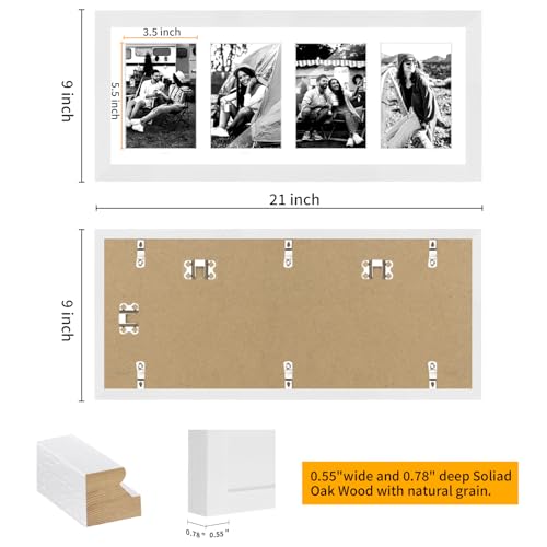 8x20 Oak Wood Picture Frame - 8x20 Photo Frame with Mat Display 4Pcs 4x6 Photos, 4x6 Picture Frame Wood, Natural Solid Wooden Picture Frames for Wall Art Photo and Prints(1 Pack, White)