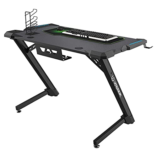 ULTRADESK-Space-V2-Escritorio-para-Juegos-con-Alfombrilla-De-Raton-XL-LED-RGB-Estante-para-Regletas-Estante-para-Juegos-Estructura-De-Aluminio-Resistente-Negro-Patas-En-Forma-De-Z-113×61-cm