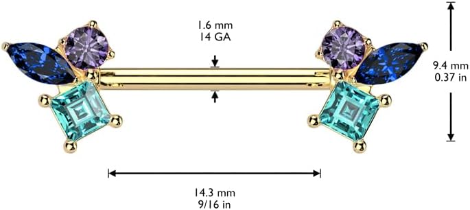 14GA 316L Stainless Steel Triple CZ Crystal Cluster Nipple Barbells, Sold as a Pair - Image 3