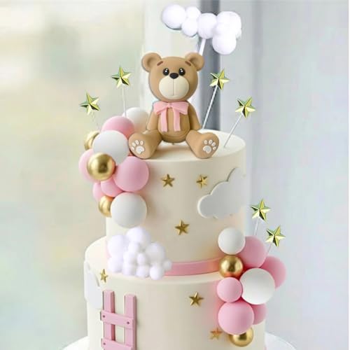 Bear Cake Toppers Bear Balls Cake Decorations with Stars Clouds Cake Toppers for Boy Girl Baby Shower Birthday Party Decorations (Pink Bear Set)