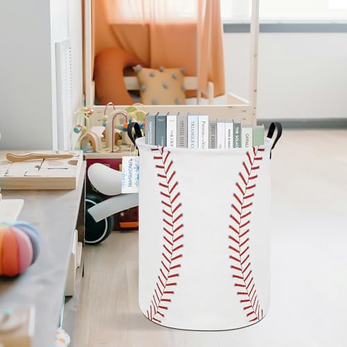 Image of Round Laundry Basket Collapsible Storage Hamper Organizer Red Baseball | Waterproof Canvas Foldable Baskets with sturdy Handles Multi-scene Organizer for Home Play Bedroom Gift Bin