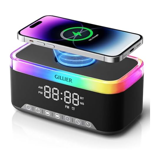 Wireless Charging Alarm Clock Radio for Bedrooms – 15W Fast Wireless Charger for iPhone/Samsung-Stereo Bluetooth Speaker with FM Radio, Dimmable Display, USB Port, Sleep Timer, Gifts for Christmas