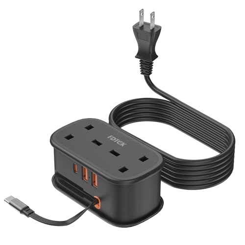 UK to Japan Plug Adapter with 1.5M Extension Cable FDTEK 2 Way 3 USB Japan Travel Adapter with Retractable USB C Cable for Japan Panama Philippines Travel (Type A)-Black