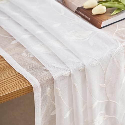 Image of Sheer Curtains White 63 Inch Embroidered Floral, Rod Pocket Voile Drapes for Living room, Bedroom, Window Treatments Semi Crinkle Curtain Panels for Yard, Patio, Villa, Parlor, Set of 2, 52 inchx 63 inch.